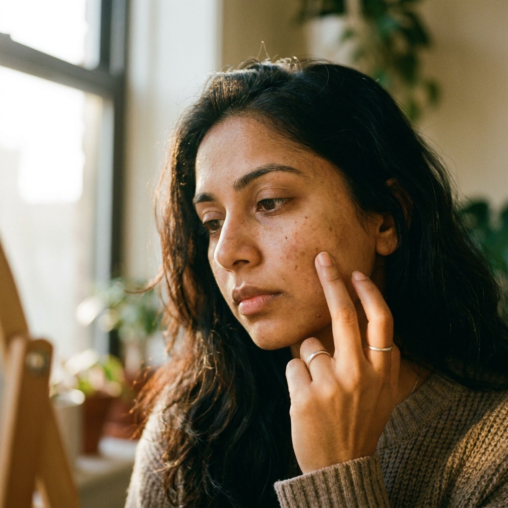 South Asian woman examining skin — dark spots blog