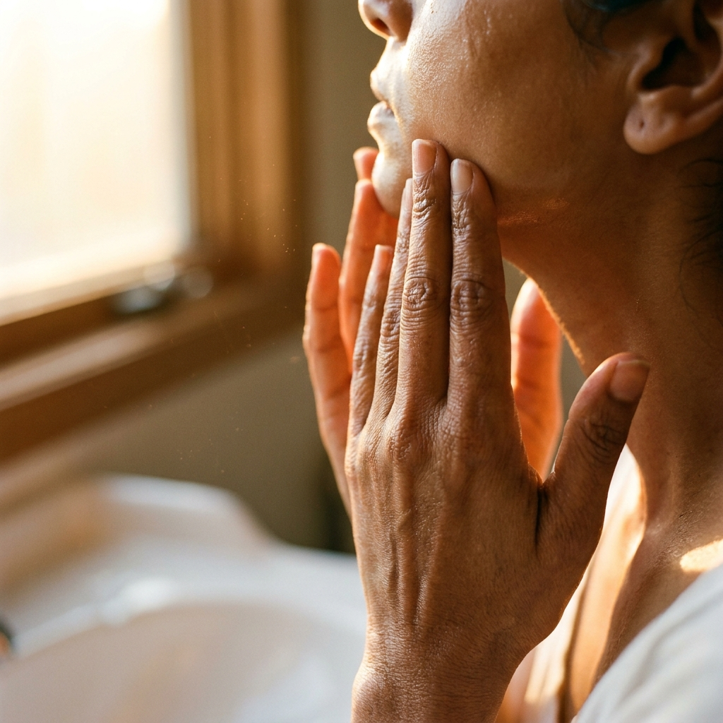 Hands applying vitamin C serum in morning light