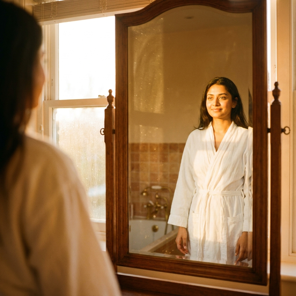 South Asian woman mirror glow — 28-day skin brightening routine
