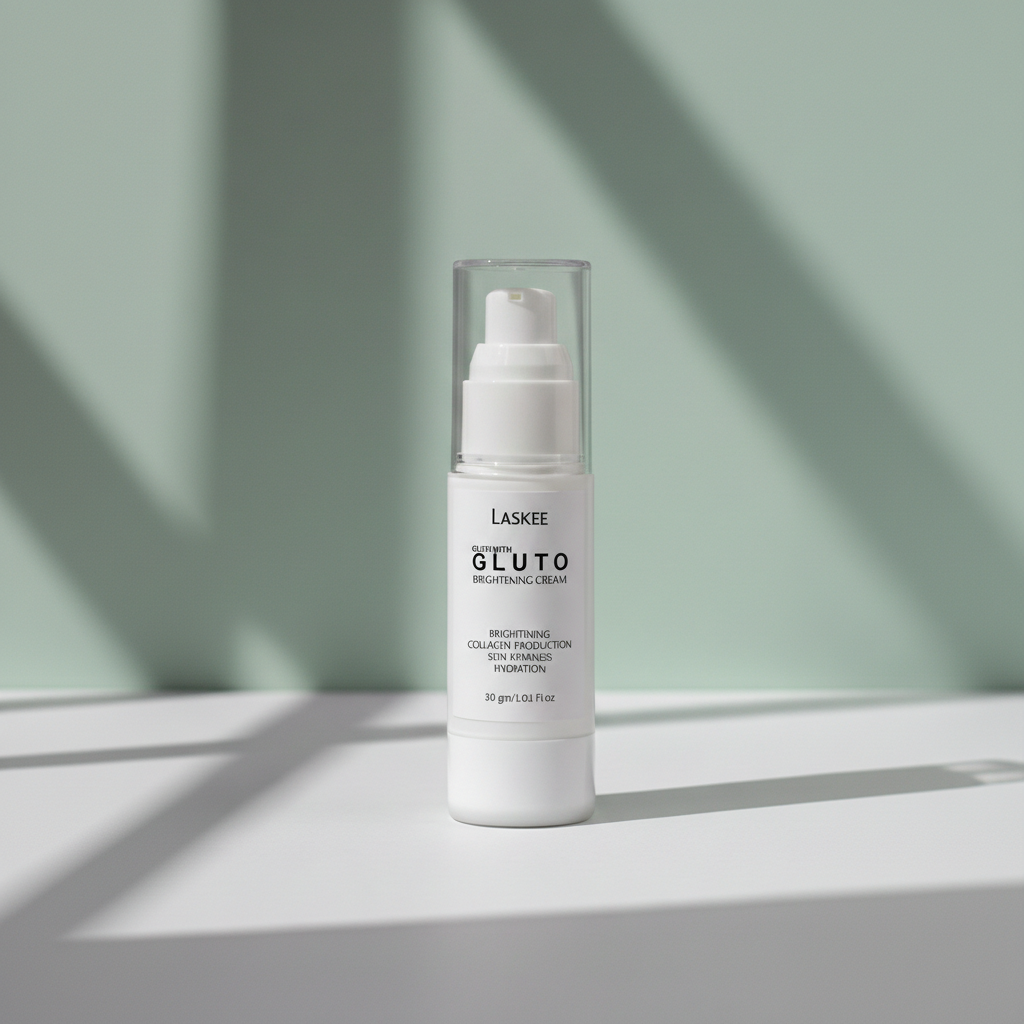 Skincare bottle labeled 'Laskee Gluto' on a light background