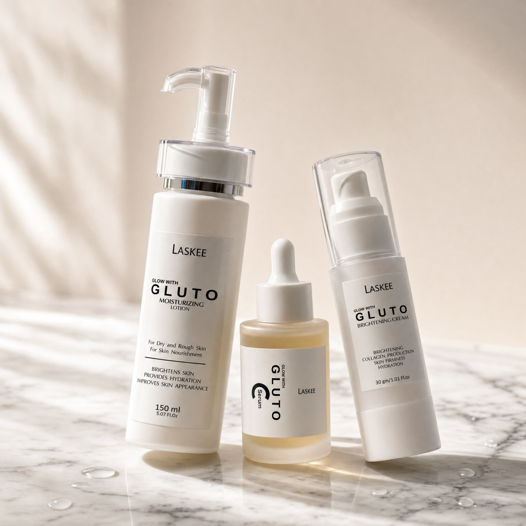 Laskee brightening skincare bundle products flat lay