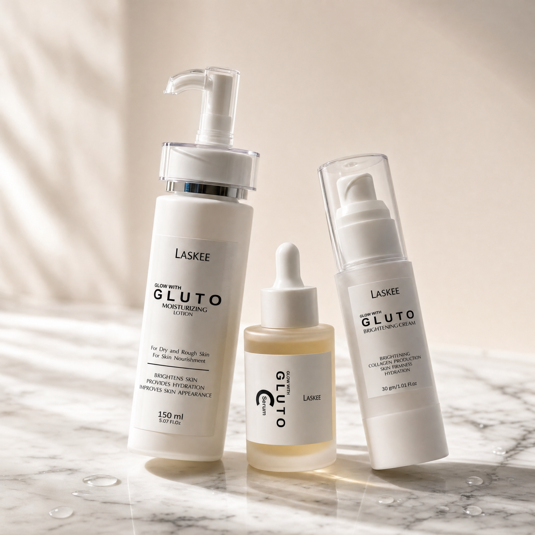 Laskee brightening skincare bundle products flat lay
